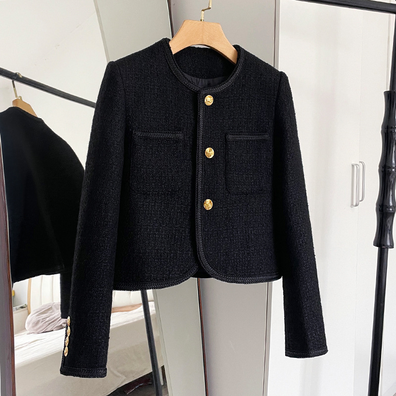 Tweed Style Jacket for Women 2025 Autumn and Winter New Style French Classic Black High-End Wool Tweed Short Top