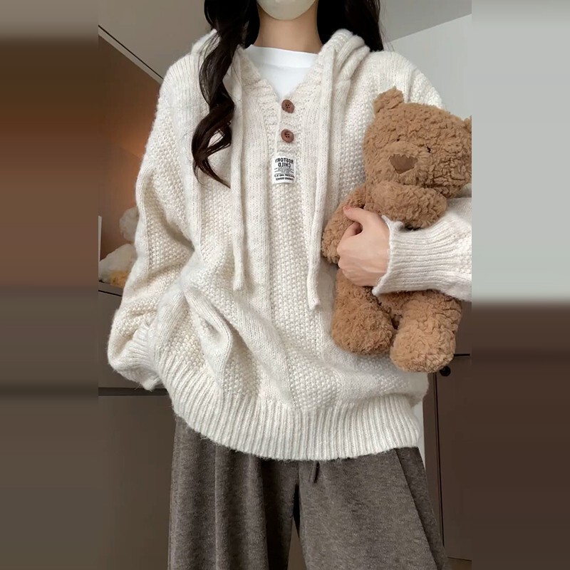 White Hooded Sweater for Women, Autumn and Winter 2026 New Style, High-Neck, Lazy and Sophisticated Korean Style Knitwear Top White Hooded Sweater for Women, Autumn and Winter 2026 New Style, High-Neck, Lazy and Sophisticated Korean Style Knitwear Top