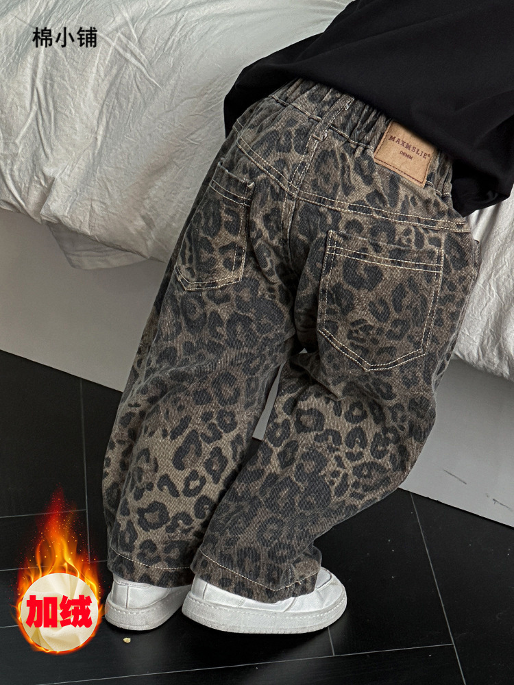 韓国スタイルの男の子と女の子のヒョウ柄パンツ、秋と冬の子供用のゆったりとしたレトロなワイドレッグパンツ、子供と赤ちゃんのためのファッショナブルなカジュアルパンツ