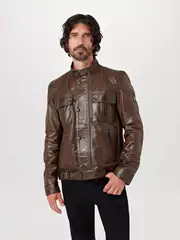 Men's Stand Collar Zip Pocket PU Leather Biker Jacket with Buckle Details for Cross-border Amazon
