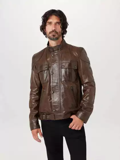 Men's Stand Collar Zip Pocket PU Leather Biker Jacket with Buckle Details for Cross-border Amazon