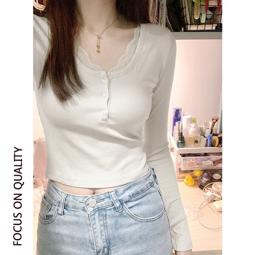 Lace ribbed long-sleeve t-shirt for women, autumn and winter stylish base shirt, innerwear, pure desire short-sleeve top