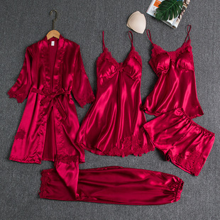 Pajamas for Women Summer Ice Silk Sexy Hot Home Clothes Spring and Autum Long-Sleeved Thin Large Size Cross-Border Five-Piece Suit Bathrobe