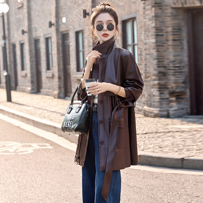 Women's Trench Coat 2025 Autumn/Winter New Fashionable Elegant Pu Leather Long Casual Jacket with Belt Yb3588