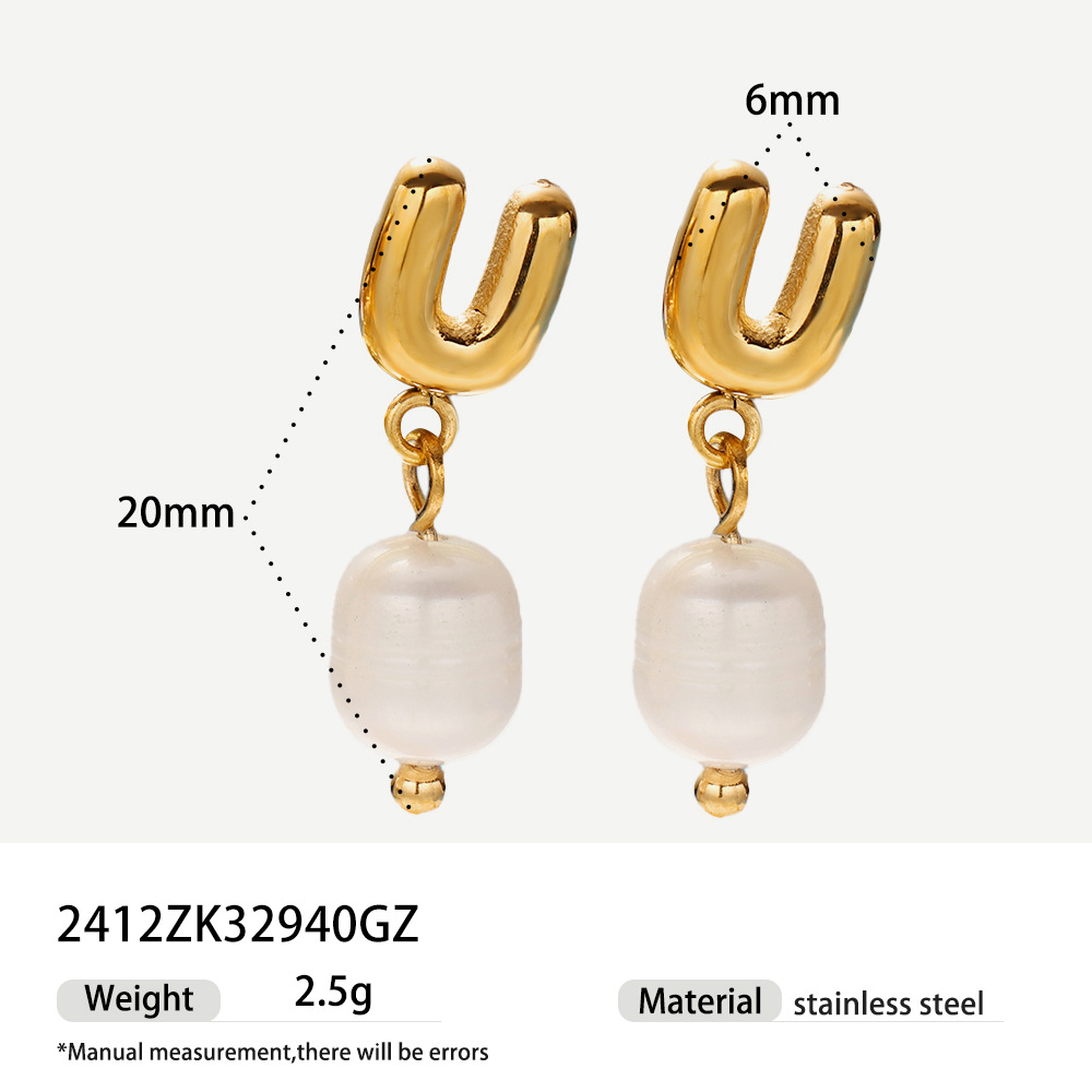 Alta europa y americana de acero inoxidable pendientes de perlas de alta calidad nicho simple joyería de acero de titanio letras pendientes de oro y plata mujeres