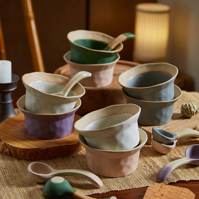 Japanese Hand-made Ceramic Bowl Light Luxury Vintage Stoneware Hat Bowl Chubby Spoon Dessert Spoon Salad Bowl Rice Bowl