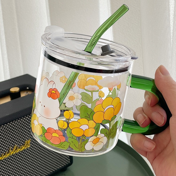 2023 new style glass water cup female cartoon high-looking juice cup with handle and straw drinking cup household milk cup