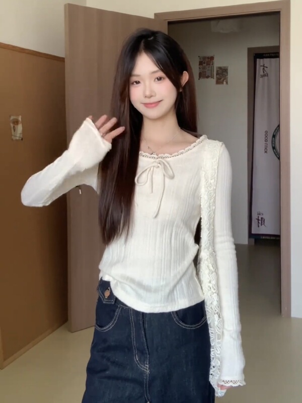 韩系纯欲蕾丝边长袖针织衫t恤女秋季温柔风宽松显瘦别致打底上衣|undefined