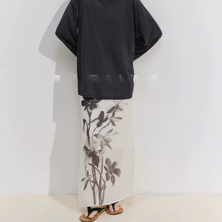 现货 REWEA/仿真丝松紧抽绳印象水墨文艺浪漫直身艺术花卉半身裙