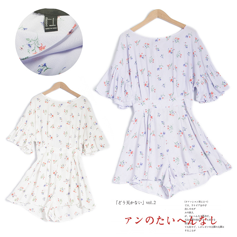 歐洲站2021夏季新款減齡小碎花闊腿連體褲短褲韓版高腰休閑百搭