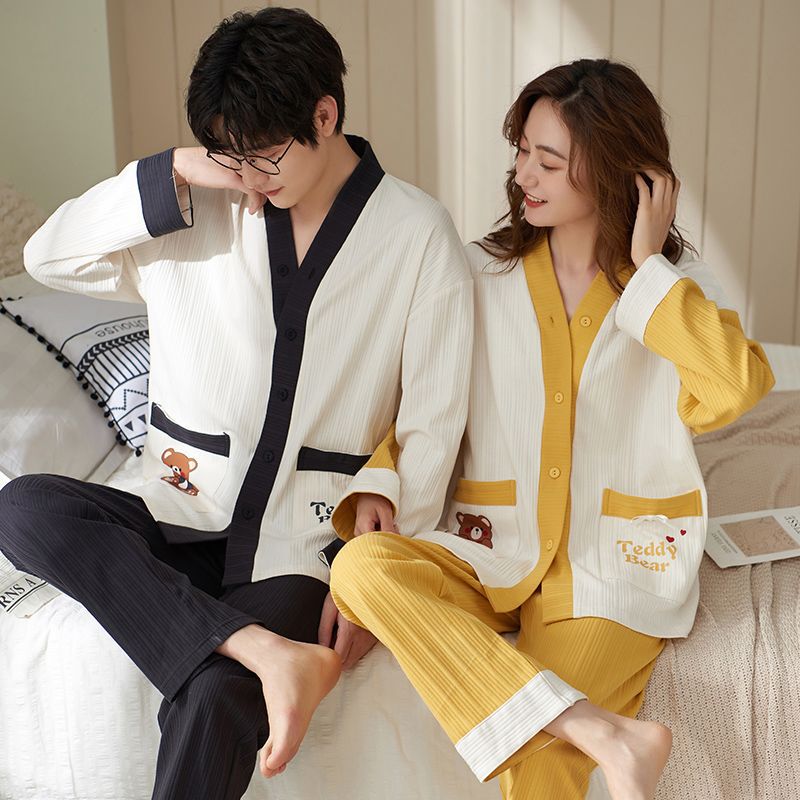 Couple Autumn and Winter Pajamas Cotton Women's Men's Long-Sleeved Pants Casual Suit Loose Autumn and Winter Korean Style Home Clothes Summer