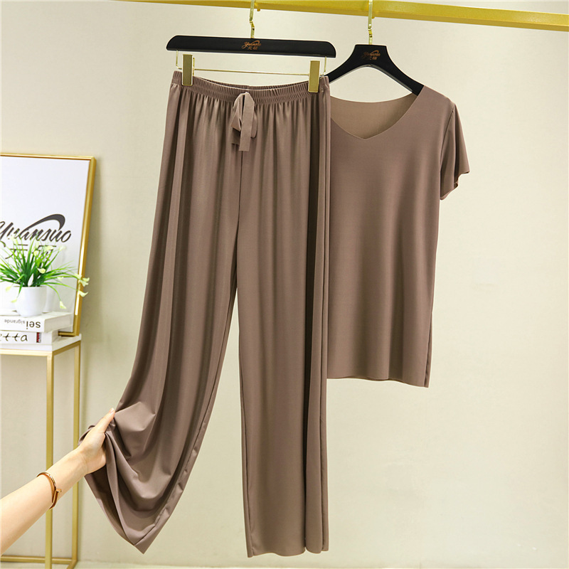 New Ice Silk Short-Sleeved T-Shirt Two-Piece Suit for Women Summer Thin V-Neck Slim Top Drapedy Loose Casual Wide-Leg Pants