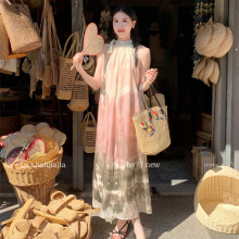 温柔甜美风撞色晕染宽松露肩连衣裙女2025春夏新设计显瘦气质长裙