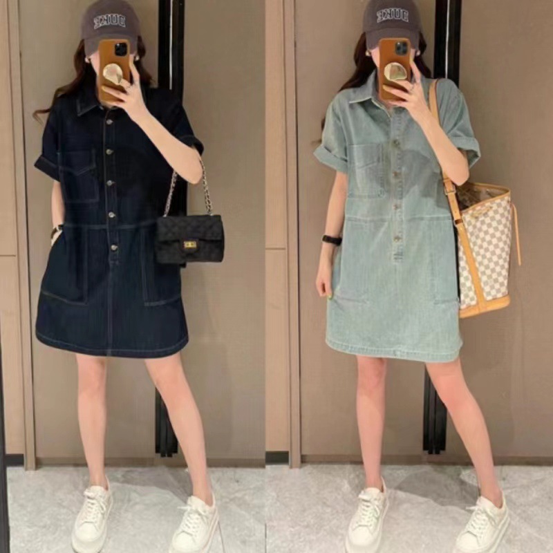 Váy liền denim ống đứng tay ngắn viền cong cỡ lớn — Màu xanh lam nhạt chi tiết 2