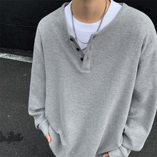 亨利领华夫格长袖t恤男秋季美式重磅打底衫高级感内搭大码卫衣男T