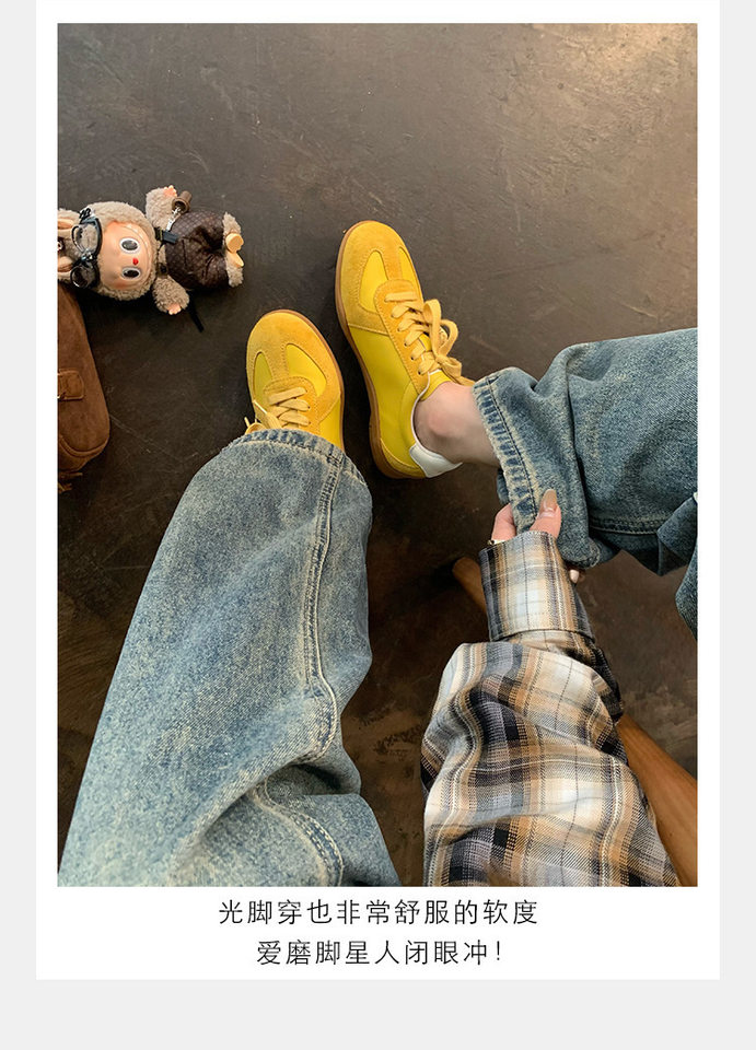 Giày sneaker nữ da bò phối màu mũi tròn dây buộc tăng chiều cao — Màu trắng nhạt, màu sô cô la, màu vàng, màu đen chi tiết 36