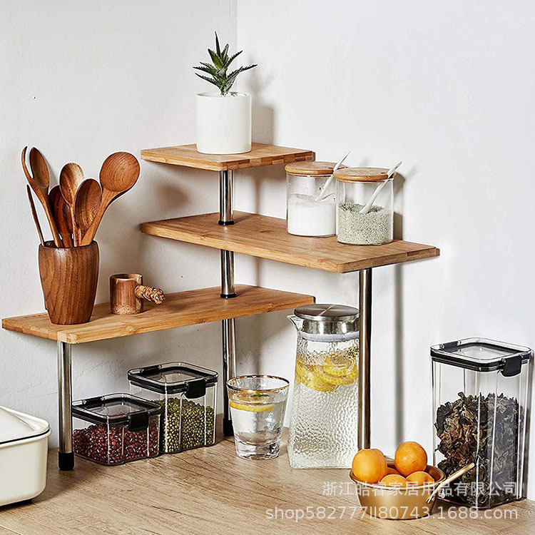 삼단 단일 다리 대나무 수납 선반 코너형 테이블탑 조미료 정리 주방 수납 선반 조미료 보관 선반