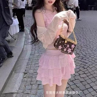 纯欲风甜美套装夏季修身显瘦设计无袖背心上衣半身裙短裙两件套