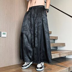 カジュアルストレートパンツ男性 2025 春夏新中国風ドラゴンパターンアイスシルクワイドレッグパンツ男性大きいサイズルーズカジュアルパンツ男性