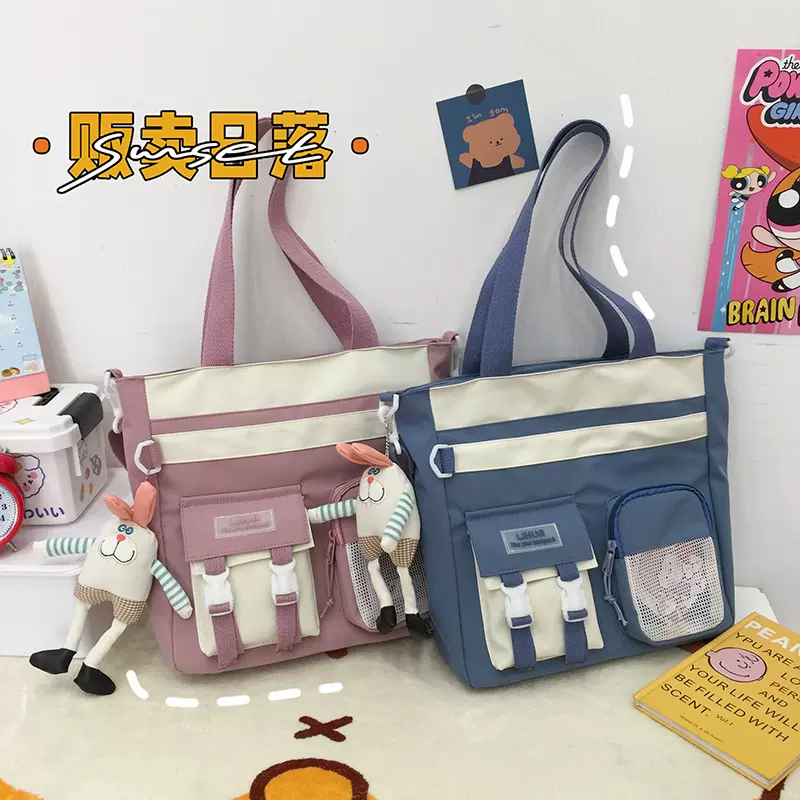 日系新款ins森系学生包斜挎包女韩版尼龙布透明拼色少女单肩女包