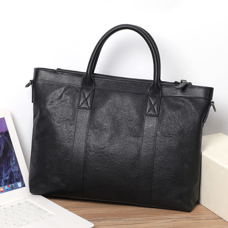 Cặp da nam công sở da bò lớp đầu nhiều ngăn 38×8×28 cm, đeo vai/chéo — Màu đen