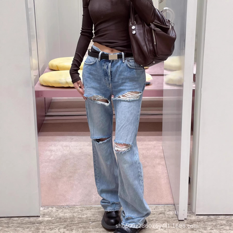 Nanyou Niche Design American Retro Large Ripped Jeans for Women, Mid-Waist, Distressed Wash, Straight-Leg, Slimming Long Pants Nanyou Niche Design American Retro Large Ripped Jeans for Women, Mid-Waist, Distressed Wash, Straight-Leg, Slimming Long Pants