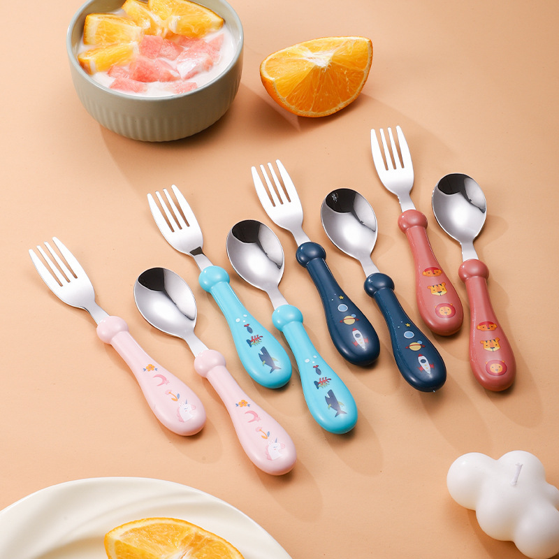 Children's portable tableware suit 304 stainless steel baby short handle fork spoon set box cute pattern birthday gift Children's portable tableware suit 304 stainless steel baby short handle fork spoon set box cute pattern birthday gift