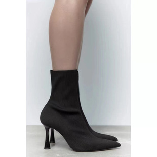 Za New Autum Women's Shoes Black Fabric High Elastic Pointed Toe Stiletto Short Boots Sock Boots Fashion Boots with Tassels