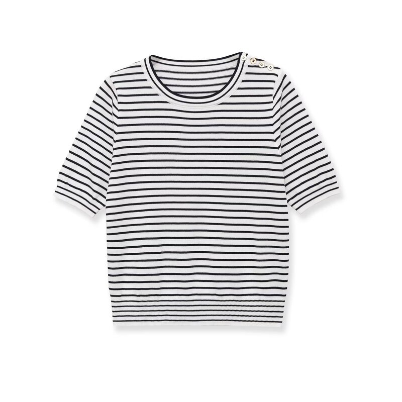Pb&Za New Summer Women's Casual Knit Top with Shoulder Buttons, Round Neck, Casual Striped Short-Sleeve Knit Shirt 8851009