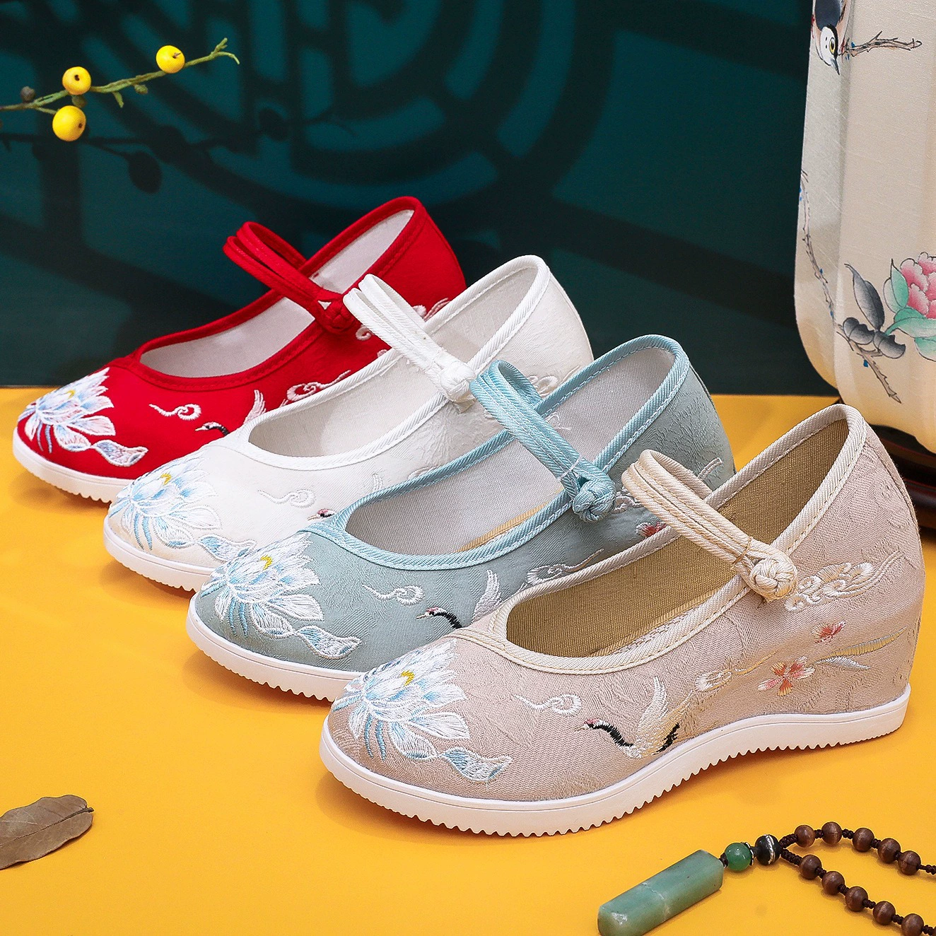 Crane новый стиль скрытой высоты старый Пекин ткань обувь женские соответствующие Hanfu обувь высокий каблук платформа вышитые туфли