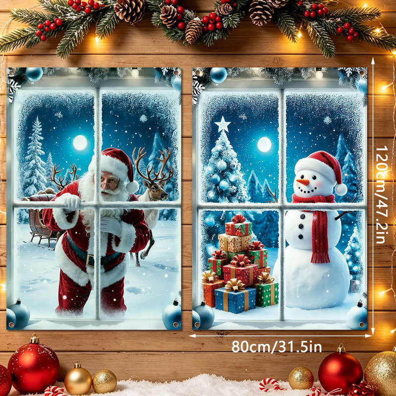 Cross-border best-selling Christmas cartoon snowman fake window flag fabric window decoration curtain holiday atmosphere background hanging cloth