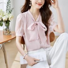 2024新款欧货气质显瘦纯色V领欧根纱系带单排扣短袖雪纺衬衫女夏