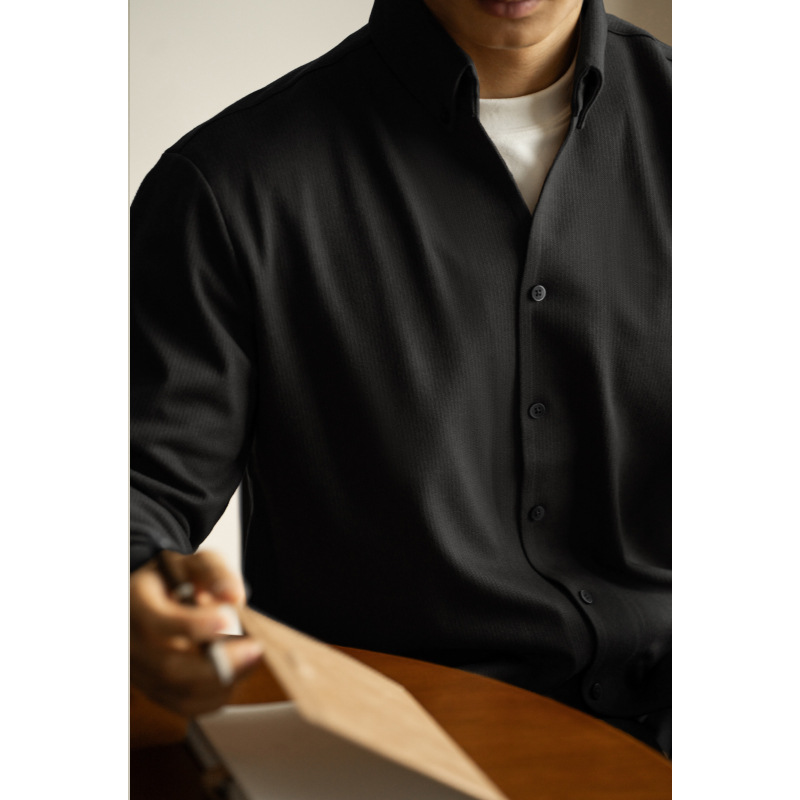 オールドマネー風蓄熱保温ウール素材小Vネック長袖シャツメンズ2026春ルーズカジュアルラペルシャツ