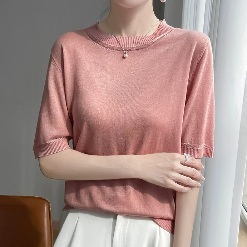 Трикотажная рубашка с круглым вырезом и короткими рукавами, 25 лет, весна и лето, новинка, женская рубашка из шелкового шелка Tencel с декоративной нижней частью, топ