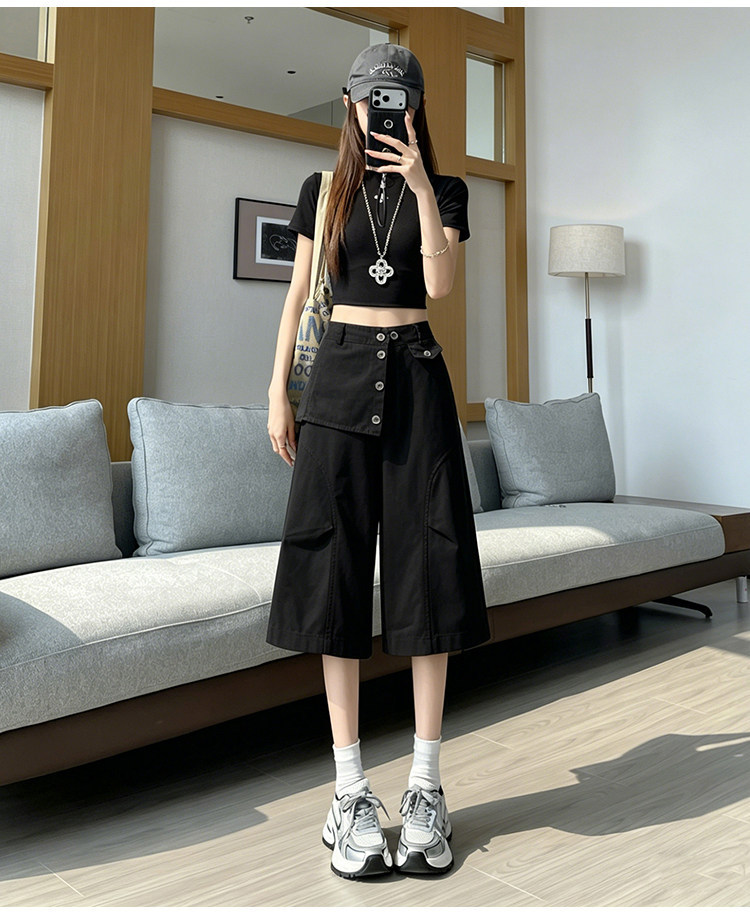 Quần culottes nữ ống rộng cạp cao dáng suông vải cotton — màu trắng chi tiết 28