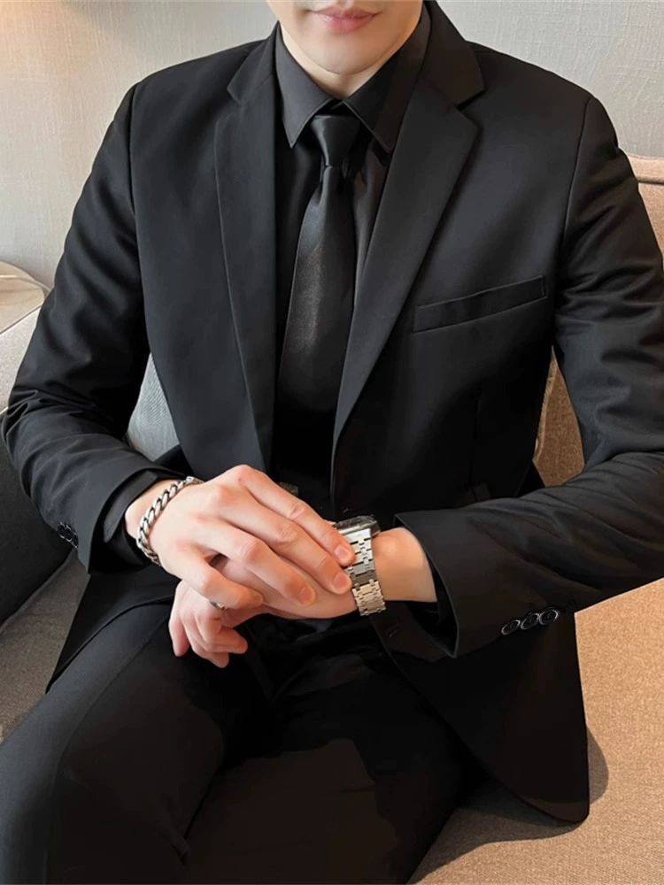 Мужской классический костюм‑пиджак slim fit, чёрный, высокое качество, с опцией галстука