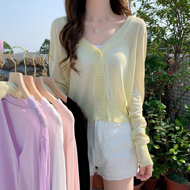 Summer Ice Silk Knitwear Women's Cardigan Short Thin Outer Skirt Shawl Top Sun Protection Air-Conditioning Shirt Small Outwear