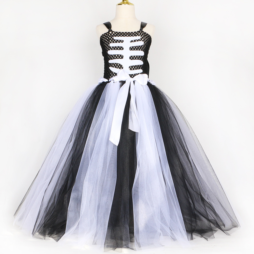 Kinderkleidung Halloween-Kostüm Geisterkleidung Kinder-Skelett-Geisternetz-Puffrock Mädchen-Maskenball-Zombie-Kostüm_voghion.com