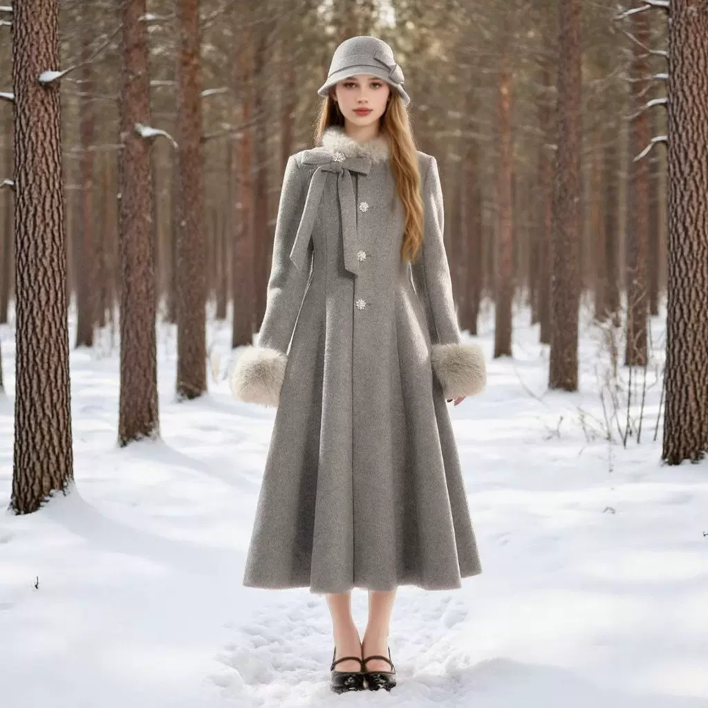 52072胖MM2025冬季新款收腰显瘦蝴蝶结毛领长款大码夹棉毛呢外套