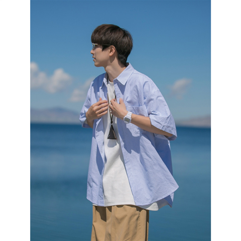 Japanese Striped Short-sleeved Shirt Men's Summer cityboy Casual All-match Lapel Shirt Trendy Brand Thin Coat Trendy