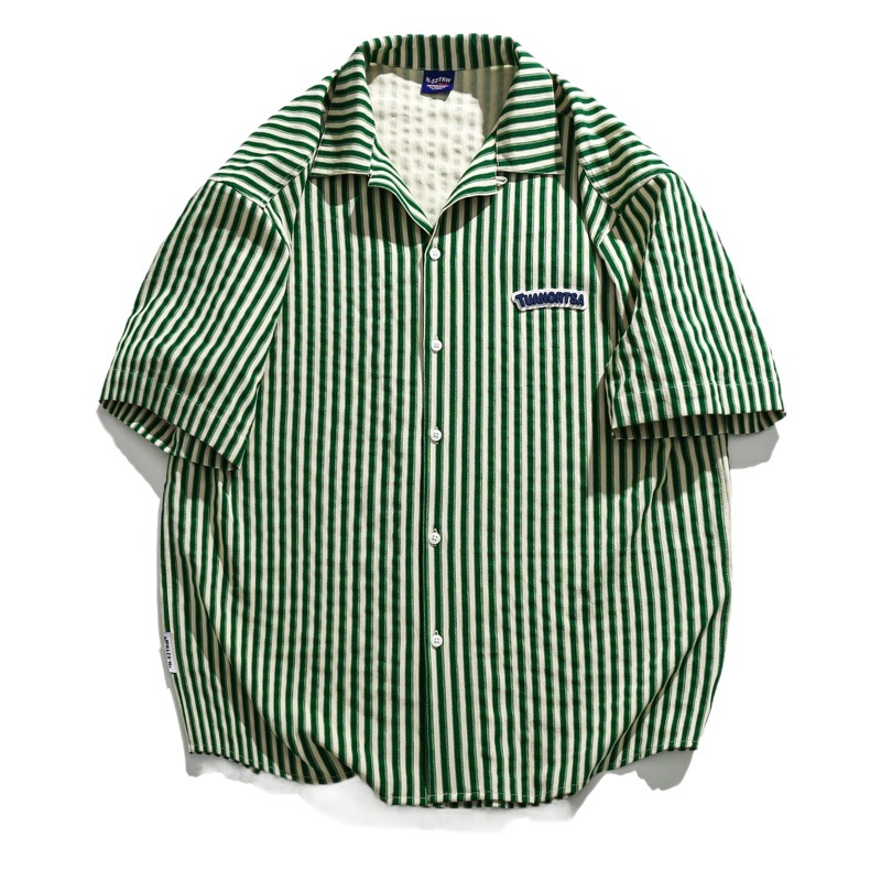 2023 nuevo verano nacional moda High Street rayas verticales cuello cubano perfil flojo perezoso camisa de manga corta hombres ins moda