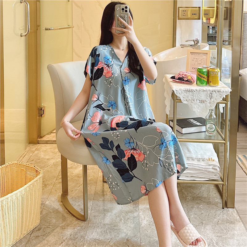 Camisón de seda de algodón para mujer verano nuevo Pijama estampado de dibujos animados de manga corta estilo coreano más tamaño ropa para el hogar suelta de seda de algodón delgada