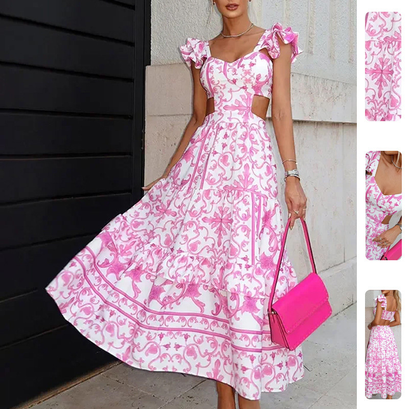 2026 Spring New Women's Fashion Cross-Border European and American Style Dress with Flutter Sleeves, Printed Hollow-Out Waist-Revealing Maxi Dress