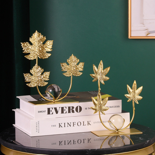Light luxury iron maple leaf ornaments home model house soft decoration entrance hall living room wine cabinet decoration crystal ball metal ornaments