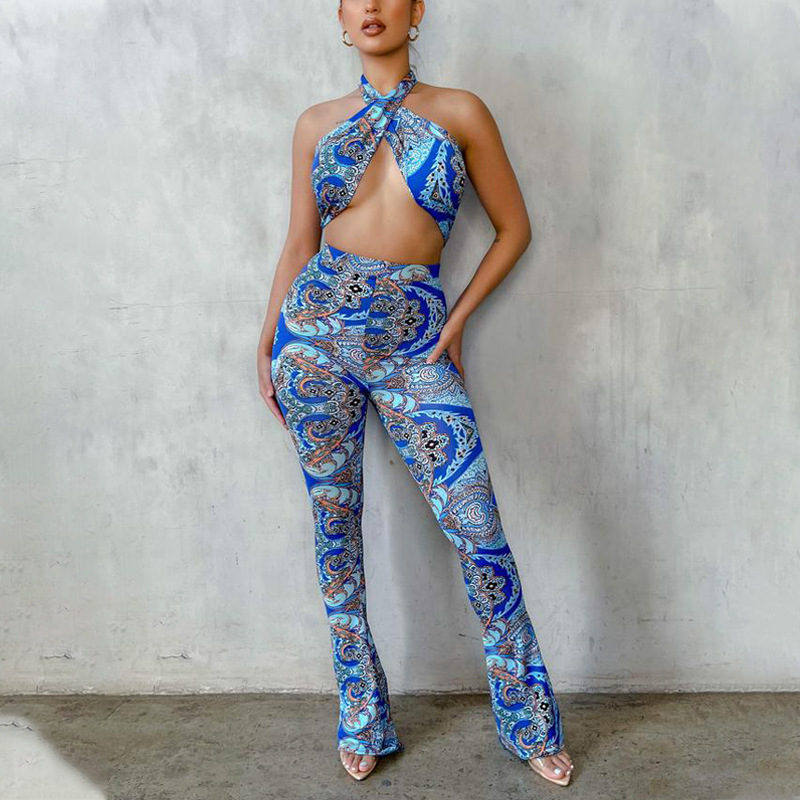 milk silk print hanging neck backless wrap chest high waist jumpsuit NSBDX132525