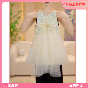 2025夏季新款女孩蝴蝶結人魚亮片裙女童無袖連衣裙大童洋氣公耐用