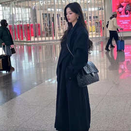 现货2025冬季新韩国东大门杨超越同款慵懒风系带中长款大衣外套女