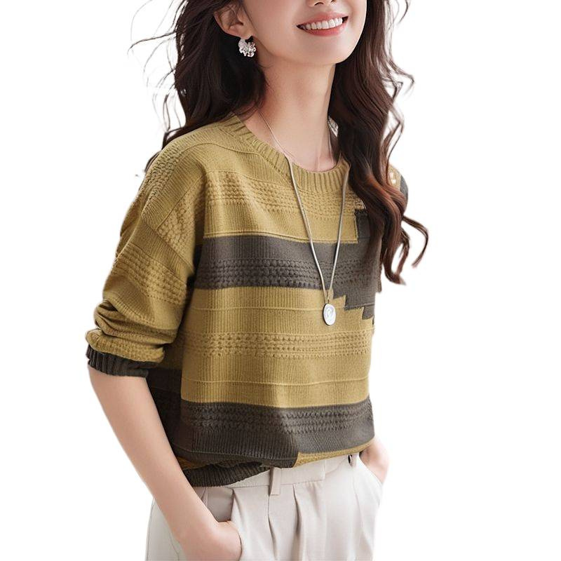 Camiseta de punto de fondo de color de contraste, suéter de moda de lana suelta, primavera y otoño de 2025, nuevo estilo