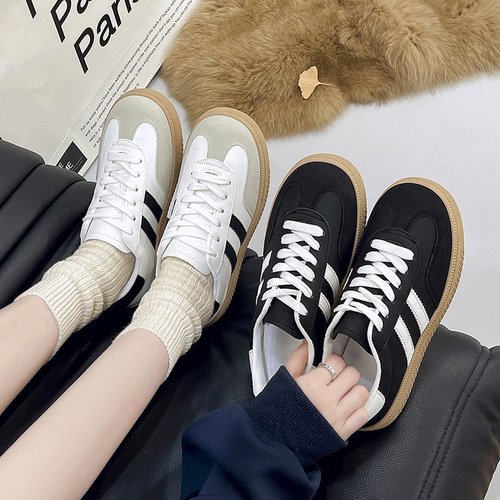2025 Hong Kong Style Retro Striped White Sneakers Fashion Breathable Lace-Up Women's Shoes