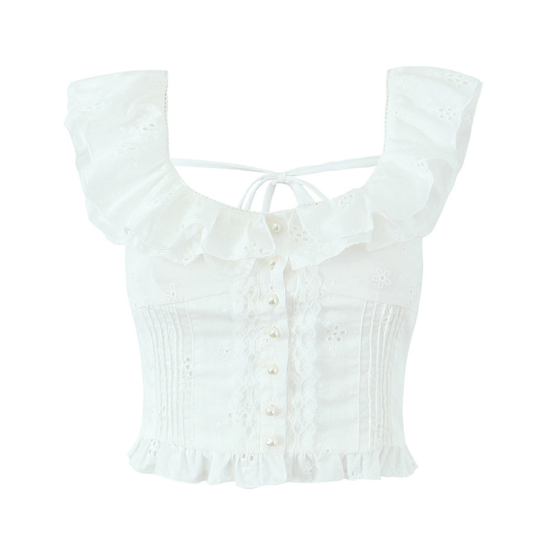 Pure Desire Style Lace Trim Flutter Sleeve Top for Women 2024 Summer New Hot Girl U-Neck Tie Waist Short T-Shirt Pure Desire Style Lace Trim Flutter Sleeve Top for Women 2024 Summer New Hot Girl U-Neck Tie Waist Short T-Shirt